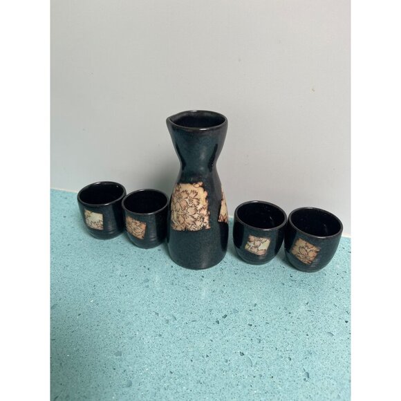 MCI Vintage Saki Set Black Ceramic Boxed Collections Japan - Picture 2 of 8